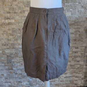 Vintage Finity Taupe Linen Pleated Knee Length Skirt Size 12 Small Natural Eco
